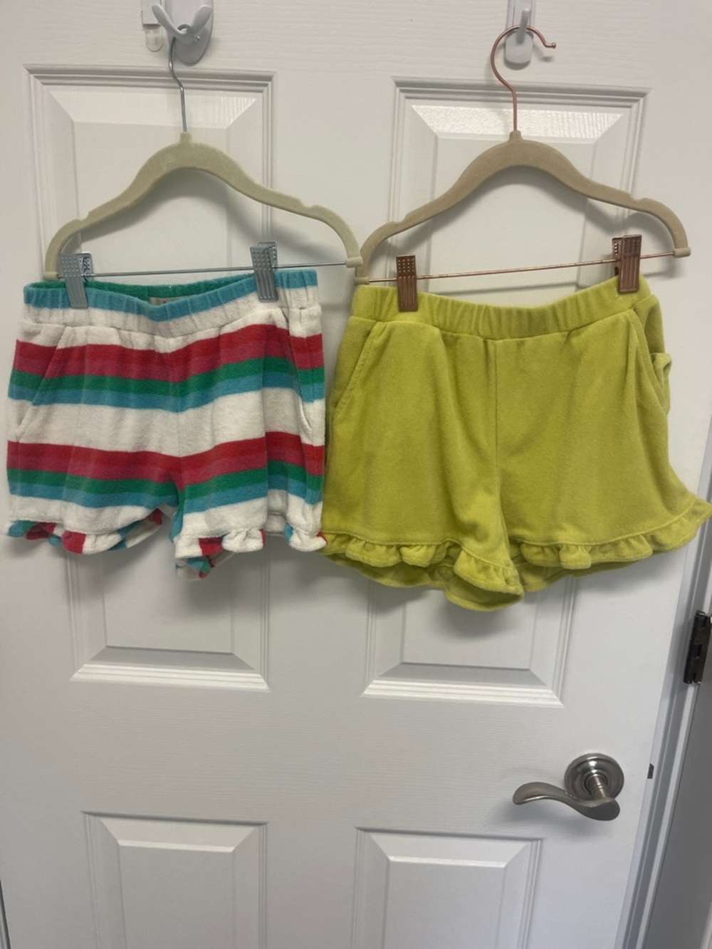 Girls' Mini Boden Terry Ruffle Shorts - Lime and Multi Stripe